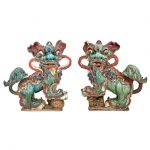 Pair of Chinese Glazed Stoneware Fu Dog Roof Tile Finials