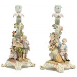 A pair of Meissen porcelain figural candlesticks emblematic of spring and summer and a Meissen porcelain figural candlestick late 19th century