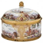 Meissen Gilt-Metal Mounted, Gilt and Polychrome Decorated Porcelain Circular Box with a Continental Silver Liner