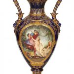 Sevres Style Gilt and Polychrome Decorated Porcelain Floor Vase