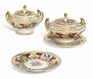 A PAIR OF NANTGARW DESSERT-TUREENS, COVERS AND STANDS FROM THE DUKE OF CAMBRIDGE SERVICE CIRCA 1818, IMPRESSED UPPERCASE NANTGARW/C.W. MARKS TO TUREENS AND STANDS